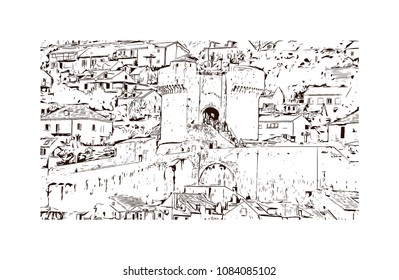 Building landmark with street view of Dubrovnik, City in Croatia. hand drawn sketch illustration in vector.
