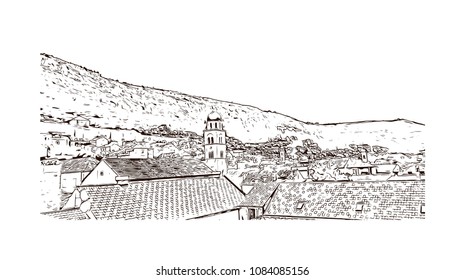 Building landmark with street view of Dubrovnik, City in Croatia. hand drawn sketch illustration in vector.