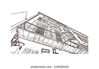 Building with landmark view of Honolulu, on the island of Oahu’s south shore, is capital of Hawaii and gateway to the U.S. island chain. Hand drawn sketch illustration in vector.