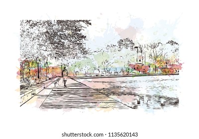Building with landmark view of Honolulu, on the island of Oahu’s south shore, capital of Hawaii and gateway to the U.S. island chain. Watercolor splash with Hand drawn sketch illustration in vector.