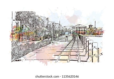 Building with landmark view of Honolulu, on the island of Oahu’s south shore, capital of Hawaii and gateway to the U.S. island chain. Watercolor splash with Hand drawn sketch illustration in vector.