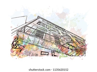 Building with landmark view of Honolulu, on the island of Oahu’s south shore, capital of Hawaii and gateway to the U.S. island chain. Watercolor splash with Hand drawn sketch illustration in vector.