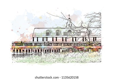 Building with landmark view of Honolulu, on the island of Oahu’s south shore, capital of Hawaii and gateway to the U.S. island chain. Watercolor splash with Hand drawn sketch illustration in vector.