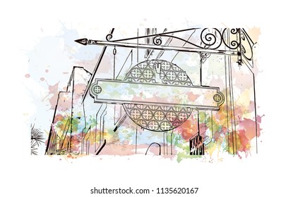 Building with landmark view of Honolulu, on the island of Oahu’s south shore, capital of Hawaii and gateway to the U.S. island chain. Watercolor splash with Hand drawn sketch illustration in vector.