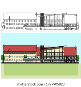 Building landscape with large modern buildings and private houses on a background scenery and  Street