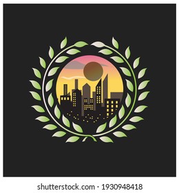 building and landscape logo colorful circle vector illustration decoration