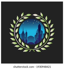 building and landscape logo colorful circle vector illustration decoration night