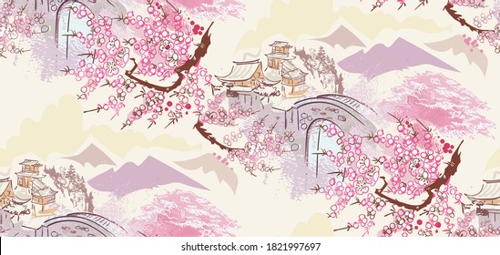 building landscape nature landscape view vector sketch illustration japanese chinese oriental line art ink seamless