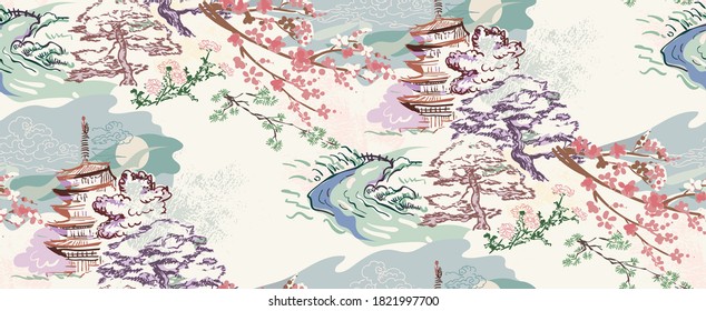 building landscape nature landscape view vector sketch illustration japanese chinese oriental line art ink seamless