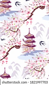 building landscape nature landscape view vector sketch illustration japanese chinese oriental line art ink seamless