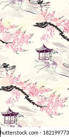 building landscape nature landscape view vector sketch illustration japanese chinese oriental line art ink seamless