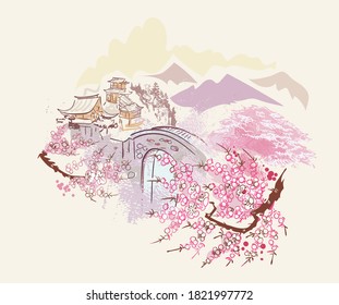 building landscape nature landscape view vector sketch illustration japanese chinese oriental line art ink card