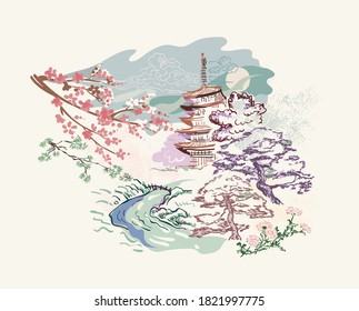 building landscape nature landscape view vector sketch illustration japanese chinese oriental line art ink card