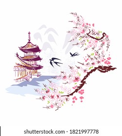 building landscape nature landscape view vector sketch illustration japanese chinese oriental line art ink card