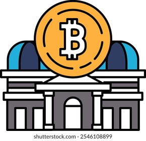 A building with a large B on it. The building is a bank. The B is a symbol for Bitcoin
