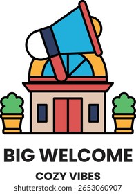A building with a large speaker on top of it. The building is a house and the speaker is a megaphone. The house is a big welcome sign