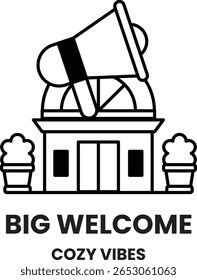 A building with a large speaker on top of it. The building is white and has a sign that says Big Welcome