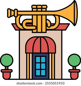 A building with a large trumpet on top of it. The trumpet is yellow and the building is red