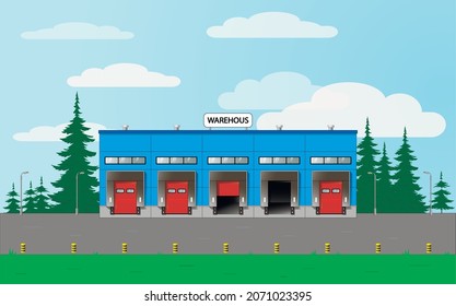 The building is a large warehouse. Warehouse rental. Flat vector illustration.