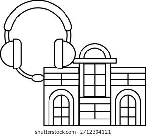 Un edificio con una Grande ventana y unos auriculares encima. Los auriculares se colocan en la parte superior del edificio y el edificio está rodeado de ventanas. Concepto de creatividad e innovación