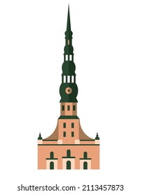 Building of Latvia. Architecture of Riga. Sights of the city. St. Peter's Church. Vector illustration. Flat style