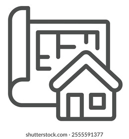 Building layout paper and house line icon, architect studio concept. Vector graphics. Project plan of cottage house sign on white background, outline style icon for mobile or web design
