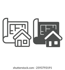 Building layout paper and house line and solid icon, architect studio concept. Vector graphics. Project plan of cottage house sign on white background, outline style icon for mobile or web design