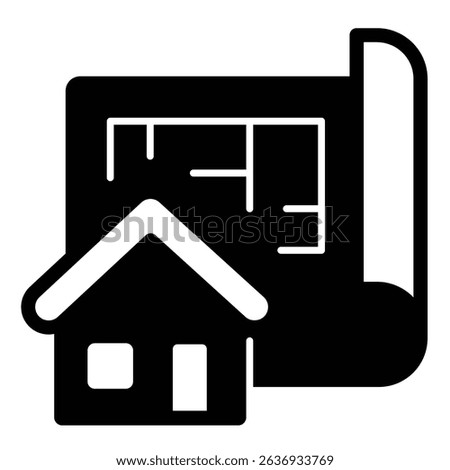 Building layout paper and house solid icon, architect studio concept. Vector graphics. Project plan of cottage house sign on white background, style mobile or design