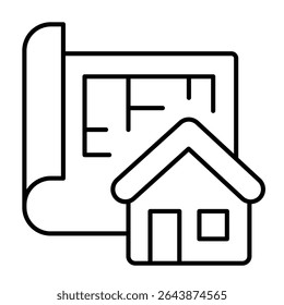Building layout paper and house thin line icon, architect studio concept. Vector graphics. Project plan of cottage house sign on white background, style mobile or design