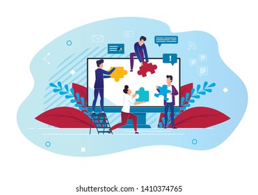 Building Layout for Site or Landing Page Cartoon. Close-up Large Computer Screen, Small People Assemble Puzzle Large Elements. Men Happily Work Together. Vector Illustration on White Background.