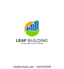 Building With Leaf and Circle Concept Vector Template. Abstract design concept for ecology theme, real estate agency, building company, urban landscape, city life.