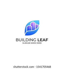 Building With Leaf Concept. Illustration Vector Template. Abstract design concept for ecology theme, real estate agency, building company, urban landscape, city life.