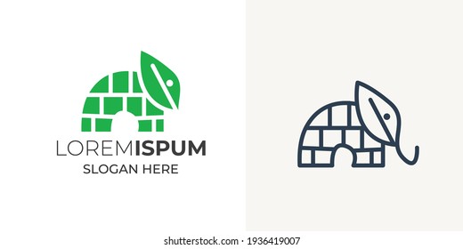 Plantilla vectorial de diseño de logotipo combinado de construcción y hoja, elefante. Logo de Elephant