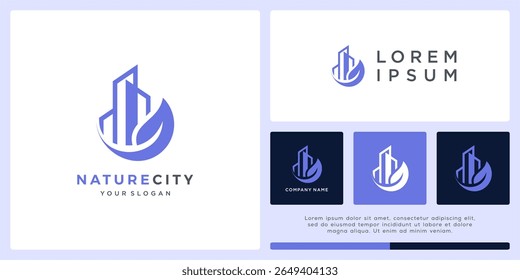 Projeto de logotipo de construção e folha para a cidade da natureza