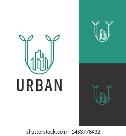 building letter u for urban/town logo, line art style, city landscape with leaf/tree vector illustration, modern design concept