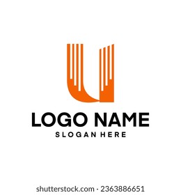 Diseño del logotipo del vector U de la letra de construcción. Letra inicial minimalista. Icono urbano, torre de la ciudad, negocios inmobiliarios, agente de apartamentos inmobiliarios