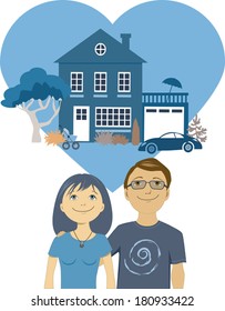 Building a life together. Cute cartoon couple dreaming of a perfect home and a future together, vector illustration