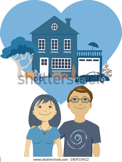 Building a life\
together. Cute cartoon couple dreaming of a perfect home and a\
future together, vector\
illustration