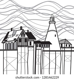Building and lighthouse on stilts