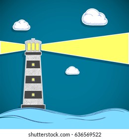 Building lighthouse with a spotlight in the sea. Stock Vector Illustration in a style of flat graphics.