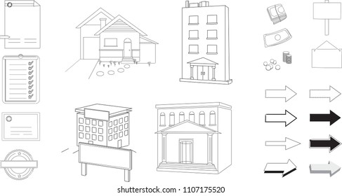 Building line drawings with arrows, forms, and signage