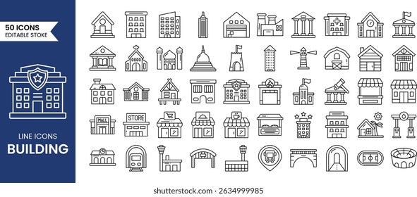 Criando conjunto de ícones editáveis de linha. Contendo casa, escritório, apartamento, governo, escola, mansão, loja, universidade, hospital e muito mais. Ilustração vetorial