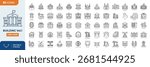Building Line Editable Icons set. First set. Contains icons of residential and public buildings: office, government, school, hotel, university, hospital and more. Editable stroke. Vector illustration