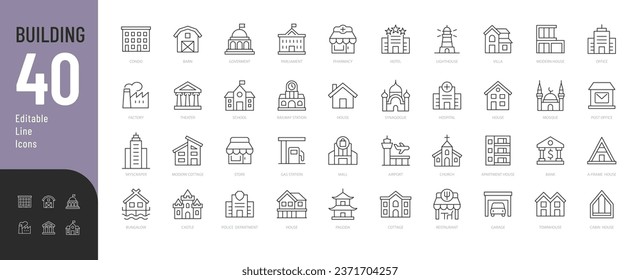 Juego de iconos editables de la línea de construcción. Ilustración de Line Vector en el estilo moderno de delgada línea de los tipos de edificios residenciales y públicos: condo, gobierno, escuela, iglesia, etc. Aislado en blanco.