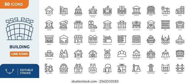 Building Line Editable Icons set. contains icons of residential and public buildings: house, office, condo, government, school, hotel, shop, university, hospital and more. Vector illustration.