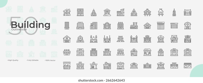 Linha de Construção Conjunto de ícones editáveis. Ilustração vetorial no estilo de linha fina moderna de Ícones de construção: infraestrutura, imóveis, apartamento, etc