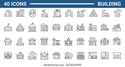 Building Line Editable Icons set. contém ícones de edifícios residenciais e públicos: casa, escritório, condomínio, governo, escola, hotel, loja, universidade, hospital e muito mais. Ilustração vetorial.
