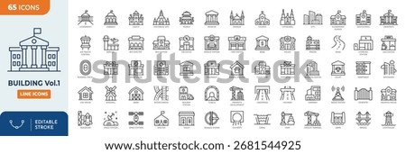 Building Line Editable Icons set. First set. Contains icons of residential and public buildings: office, government, school, hotel, university, hospital and more. Editable stroke. Vector illustration