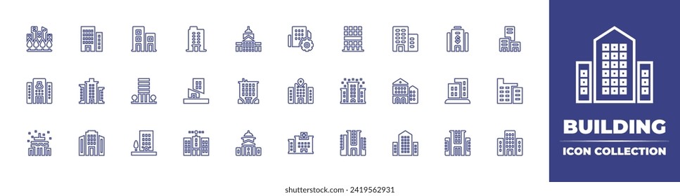 Building line icon collection. Editable stroke. Vector illustration. Containing buildings, building, office building, hospital, furniture, greens, city hall, architecture, corporation, laboratory.