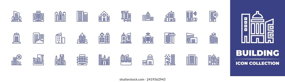 Building line icon collection. Editable stroke. Vector illustration. Containing city, measure, smart, building, office building, shopping mall, flood, workplace, hotel, library, buildings, city.